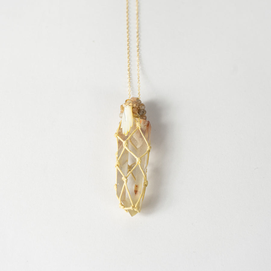 Elestial Quartz Point Moonstone Beadwork M.O.P. Hand Necklace